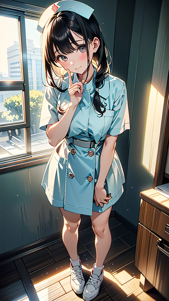 (8k, RAW Photos, 最high quality, masterpiece:1.2), high qualityのRAWカラー写真, Professional photo shoot, Cinematic Light, alone, (((young woman, Gal))), (Sharp features), (Small face), (Skin with attention to detail:1.2), clavicle, Cute Face, Beautiful appearance, Long eyelashes,Embarrassed, (Black Hair, Tied Hair),  ((White Nurse,)), White sneakers,,Embarrassed, Artistic painting,Attractive thighs, (Very nice touch:1.2),A shy smile), Peaceful atmosphere, Oil painting style, Bright colors, (Are standing:1.5, Inside the hospital, Full body portrait), Smooth texture, Gazing Eyes, Beautiful Skin, Glowing Skin, ((Perfect Fingers, Five Fingers, Anatomically correct)), Background Blur, high quality, Surreal, ((Very detailed, photo shoot)),Many people々、blush、Plump、Tight fitting sexy nurse uniform、White Nurse服、nurse、mini skirt、Full Body Shot、hospital