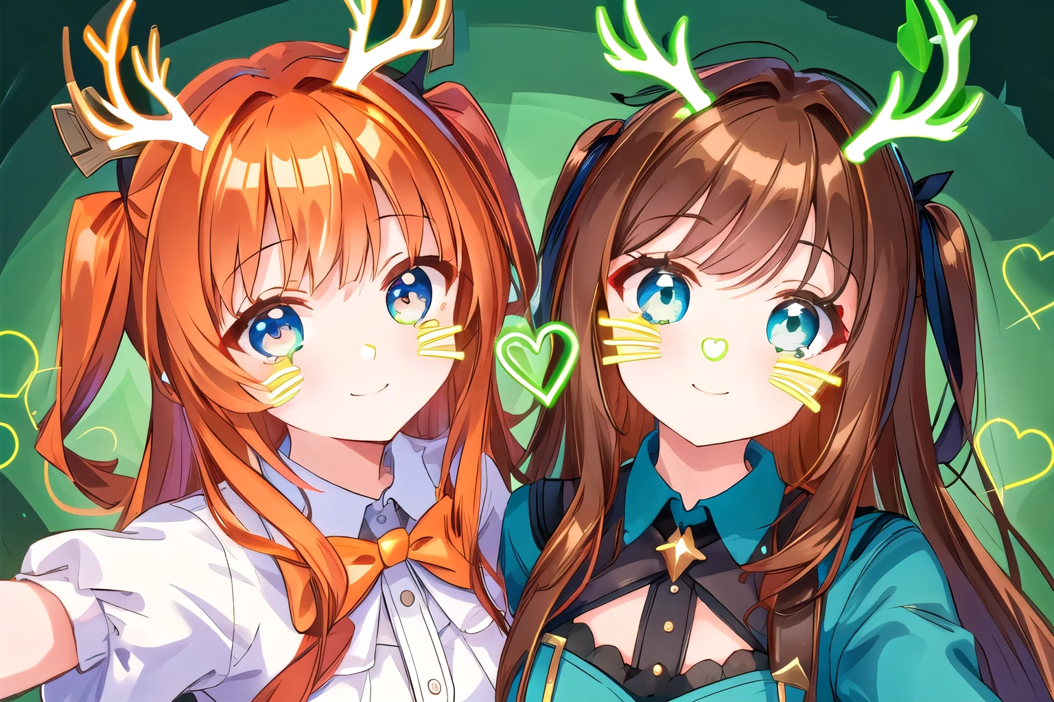 2girl, hires,high resolution, neonfacefilter,( antlersfilter:1.1), whiskersfilter, heartsfilter, green face filter, face filter, dress, shirt, cheek to cheek, smile, upper body, selfie, picture, brown hair, orange hair, blue eyes, park