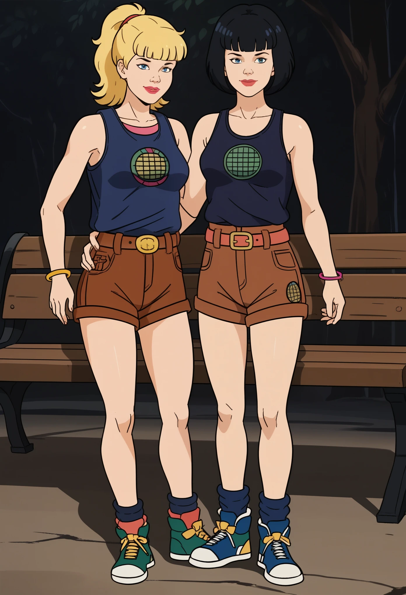 score_9, score_8, score_7, score_8_up, score_7_up, score_6_up, 2girls, (((xgix,black hair,bob cut,blunt bangs,brown eyes,lipstick,bracelet, tank top, belt,brown shorts, small breasts))), (((xlinkax, blonde hair, ponytail, blue eyes, medium breasts,brown shorts, belt, tank top, socks, sneakers))),   standing, by wooden bench, light smile, front view , sunshine, hugging, looking on viewer, 