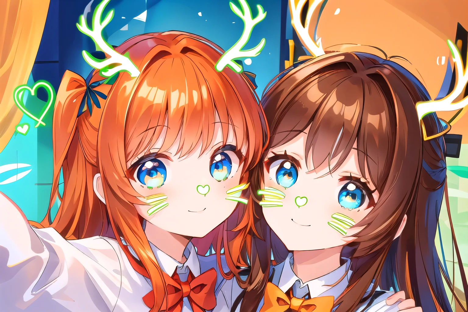 2girl, hires,high resolution, neonfacefilter,( antlersfilter:1.1), whiskersfilter, heartsfilter, green face filter, face filter, dress, shirt, cheek to cheek, smile, upper body, selfie, picture, brown hair, orange hair, blue eyes, park