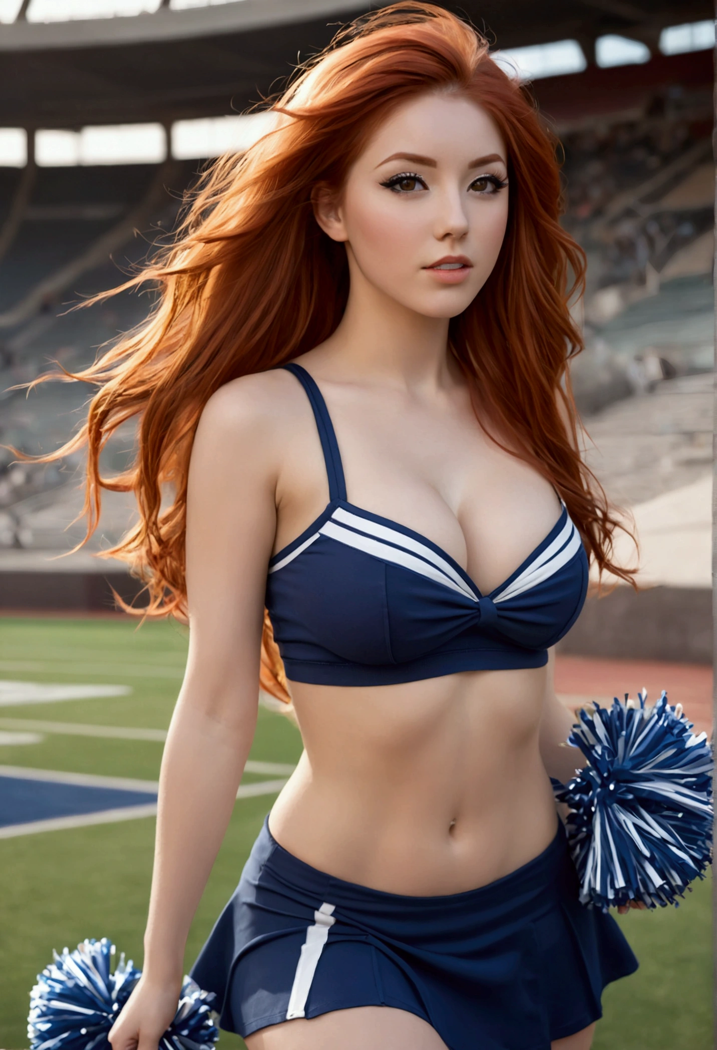 ultra realistic, photography, long red hair, girl, 24 years old, hourglass figure, perfect body, Flirty look, extremely detailed artgerm, in the style artgerm, small breasts, facing the camera, lens 35 mm, blur background, in a stadium, wearing a cheerleader outfit, windy, skirt gets blown up, upskirt