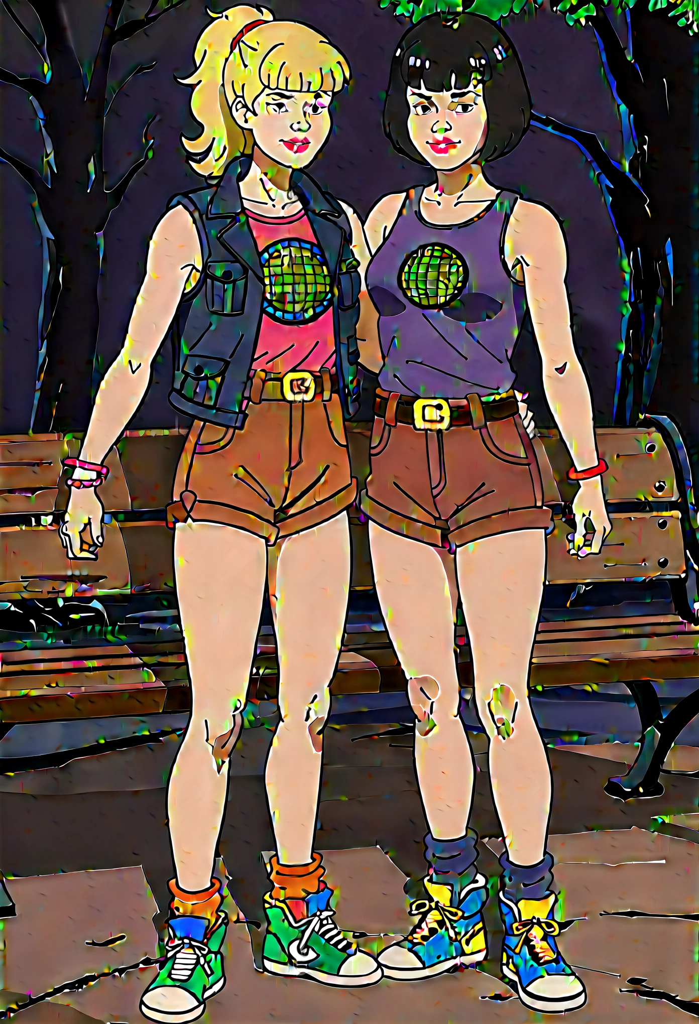 score_9, score_8, score_7, score_8_up, score_7_up, score_6_up, 2girls, (((xgix,black hair,bob cut,blunt bangs,brown eyes,lipstick,bracelet, tank top, belt,brown shorts, small breasts))), (((xlinkax, blonde hair, ponytail, blue eyes, medium breasts,brown shorts, belt, tank top, socks, sneakers))), standing, by wooden bench, light smile, front view , sunshine, hugging, looking on viewer,