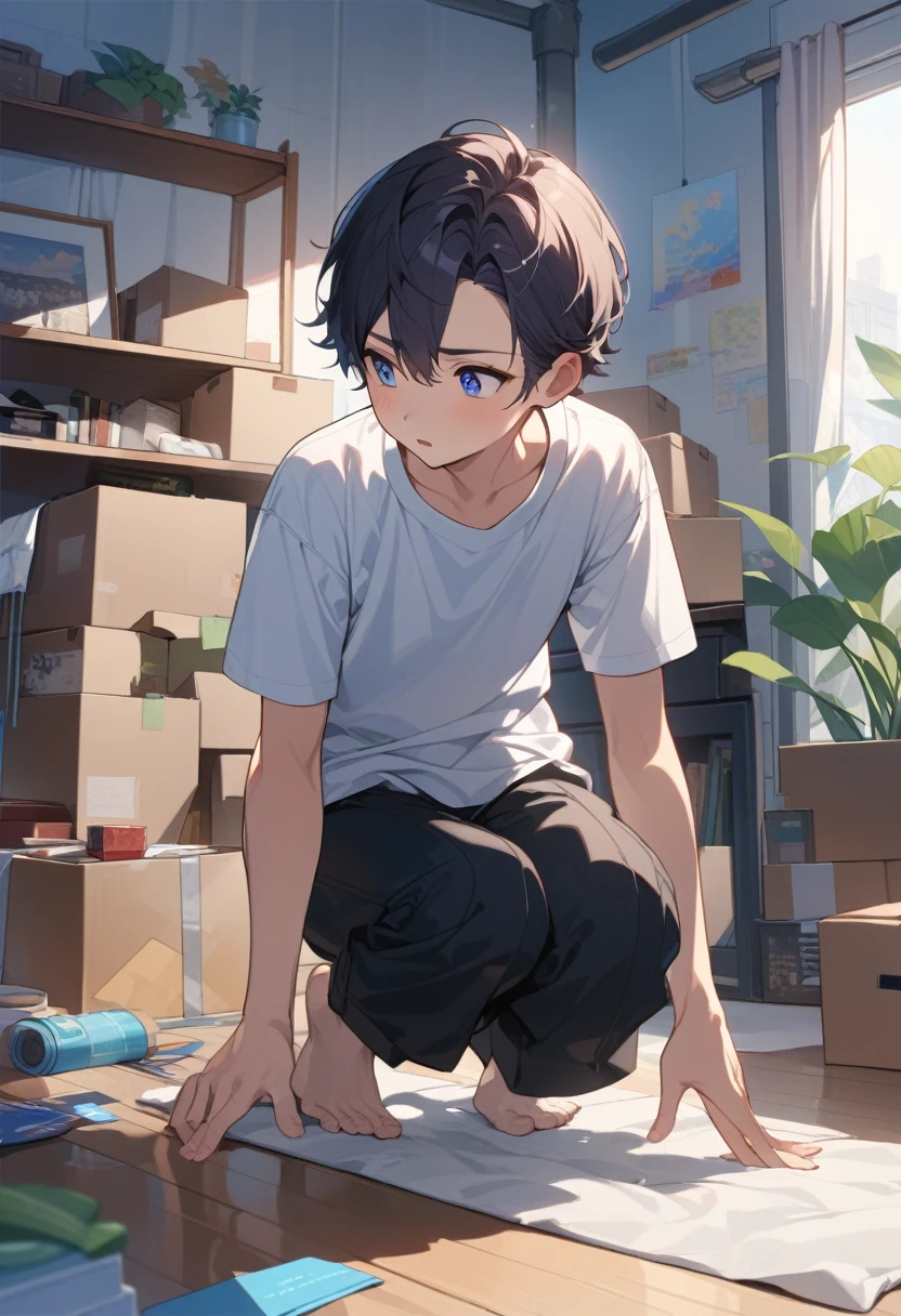 masterpiece, best quality, extremely detailed, ultra detailed, flat anime, 2D,
((1boy)),black hair, (short hair:1.5),blue eyes, height 1.7meters, (circle eyes:1.2), (young adult:1.2), Ear-length sideburns,
long Sleeves, White T-shirt, barefoot, ((short sleeves)), ((long pants)),
squatting, looking away, expressionless,open mouth, full body,three-quarter view,
summer, 12AM, livingroom,organizing the boxes., I'm looking at the material in my hand.