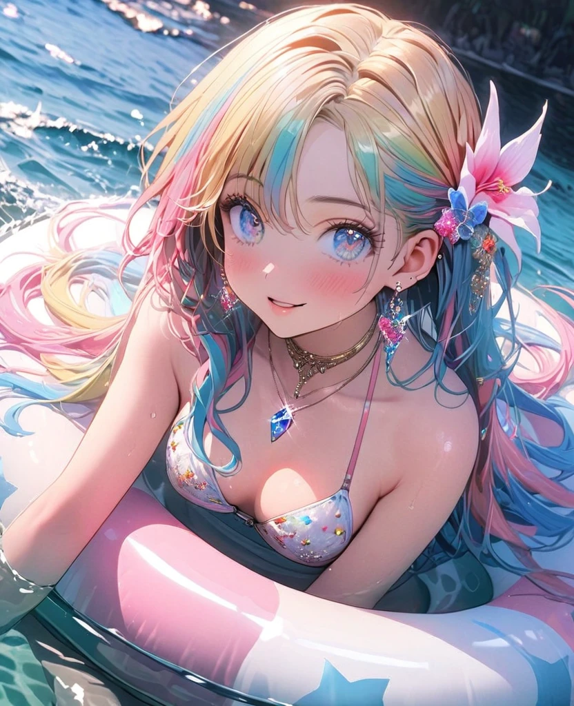 8K,gal，an extremely delicate and beautiful,Beautiful and realistic skin,Shiny jewel-like earrings,Shine like glitter long colorful hair,beautiful eyes,bikini,full body,on the float ring,beautiful sea