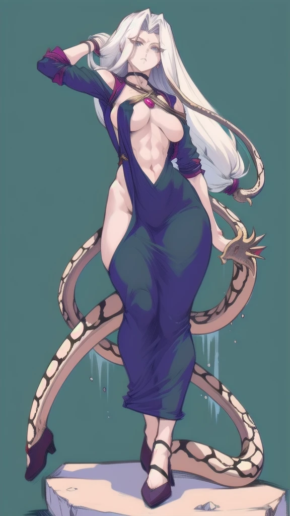 Full body image of a Medusa woman, full body in image, wearing ancient Greek-inspired outfit, long hair with snake-like features (serpent hair, stone gaze), female body, slender and intimidating body, dynamic pose, detailed pose, simple background, expressive face showing menace, focus on face, line art, sketch
