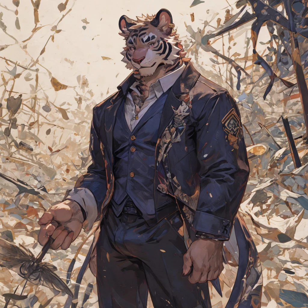 {{bara extremely handsome white tiger,}} {{white fur,}} white, wearing elegant ornate suit jacket, trousers, white dress shirt and necktie, white fluffy furry body and limbs, loafers, very tall, very broad shoulders, narrow waist, muscular arms, massive pecs, purple eyes, very long legs, massive bulge, sophisticated hot look, 3/4 view, best quality, high detail, CG image, character splash art, silver earring on left ear, sultry smirk