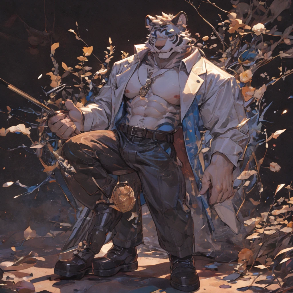 {{bara extremely handsome white tiger,}} {{white fur,}} white, wearing elegant ornate suit jacket, trousers, white dress shirt and necktie, white fluffy furry body and limbs, loafers, very tall, very broad shoulders, narrow waist, muscular arms, massive pecs, purple eyes, very long legs, massive bulge, sophisticated hot look, 3/4 view, best quality, high detail, CG image, character splash art, silver earring on left ear, sultry smirk