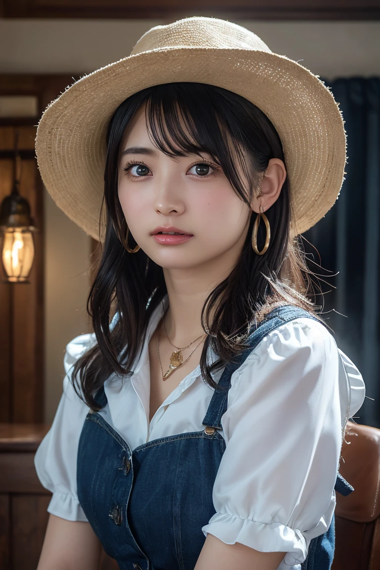 (Highest quality:1.4),(masterpiece:1.4),(Realistic:1.4),(Realistic:1.2),(超High resolution, RAW Photos:1.4),(High resolution, Ultra-detailed:1.2),(8k:1.2),View your viewers,Cinematic photography,One girl,skeletally correct,Black-haired woman,(Small earrings,necklace,Cowgirl Cosplay,Cowgirl Hat),(Western-style building interior,Dimly lit room,The lamplight shines on my cheeks)