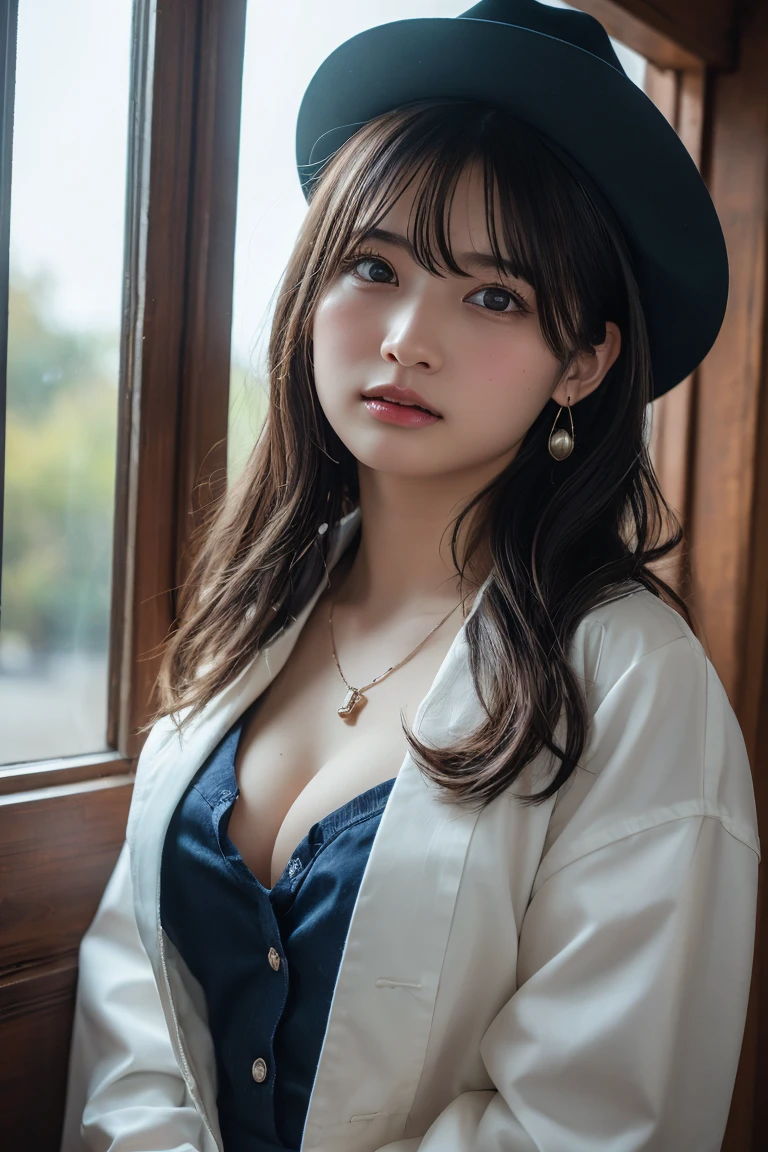 (Highest quality:1.4),(masterpiece:1.4),(Realistic:1.4),(Realistic:1.2),(超High resolution, RAW Photos:1.4),(High resolution, Ultra-detailed:1.2),(8k:1.2),View your viewers,Cinematic photography,One girl,skeletally correct,Black-haired woman,(Small earrings,necklace,Cowgirl Cosplay,Cowgirl Hat),(Western-style building interior,Dimly lit room,The lamplight shines on my cheeks)
