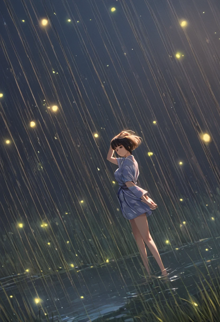 score_9,score_8_up,score_7_up,masterpiece,best quality, source anime, realistic, super detailed, extreme detailed, rating_safe,
1girl, standing, hand in hair, from side, 
BREAK girl, 22yo, short hair, bob cut, (blunt bangs), black hair, (tareme, detailed cute brown eyes), curled eyelashes, (large breasts:0.9), 
shiny hair, beautiful detailed eyes, beautiful face,
slender, small ass, slim legs,
yukata,  
(sad:0.5), parted lips,
outdoors, summer, night, river, bank, grass, wind, (firefly:1.4), 