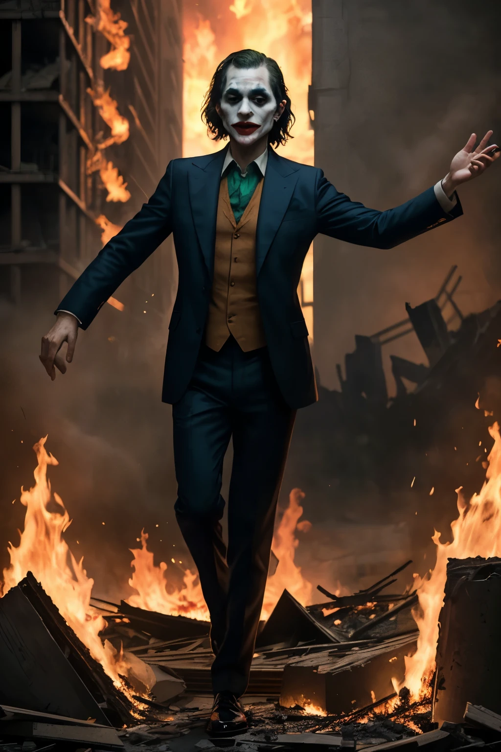 ((best quality)), ((masterpiece)), (full body detailed), joker movie, dancing in the fire at the broken buildings