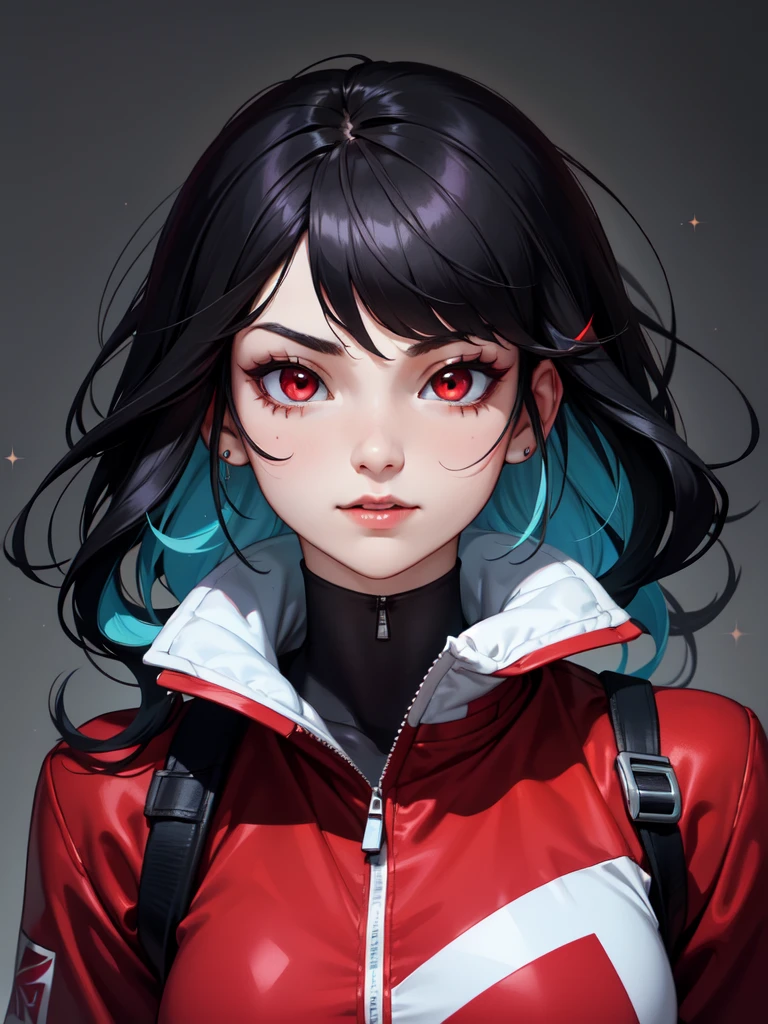 (((Portrait Photo))), She has a Childish, Youthful 18-Year-Old Appearance, with a Slim, Athletic Build, and a Vibrant Demeanor. She has Long, Flowing Black Hair, Styled Naturally with a Slight Wave. Her Striking Red Eyes Sparkle with Energy, Giving Off a Lively and Friendly Attitude. She Wears a Red and White Athletic Jacket with Matching Gloves, Adding a Sporty Vibe to Her Look. (((High Quality, Dark Background))), (((Portrait Photo)))