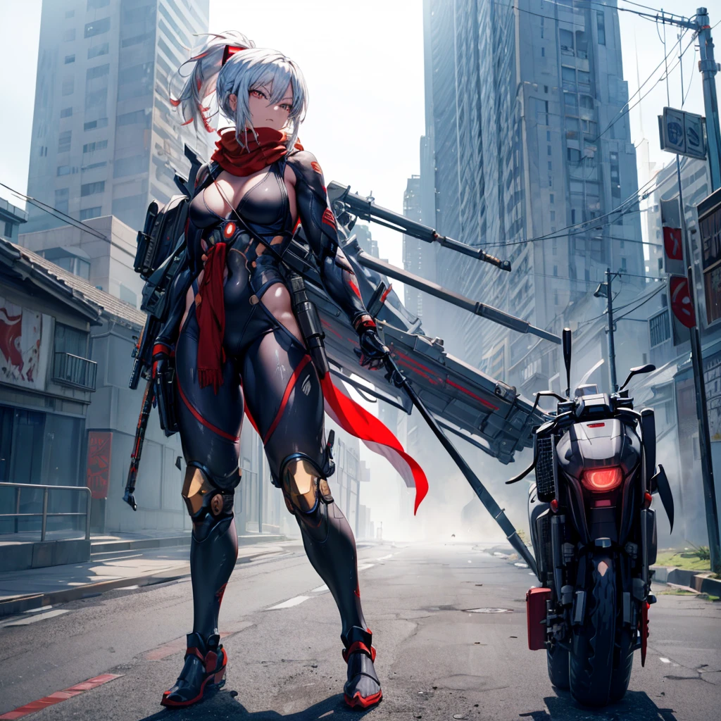 (Female Ninja Cruel Mecha: 1.3, Full body covering mechanism, Heavy AWP on your back, Digital SLR, Light Tracing, 3d, Concept Art, Action Painting, Cinema Lighting, Chiaroscuro) :(1.3). Accentuate the curves of your breasts, Long white ponytail hair looks elegant and attractive. Masterpiece in 8K resolution, (Murder and terror): 0.5, A long red scarf fluttering in the wind, With a war-torn city in the background. 