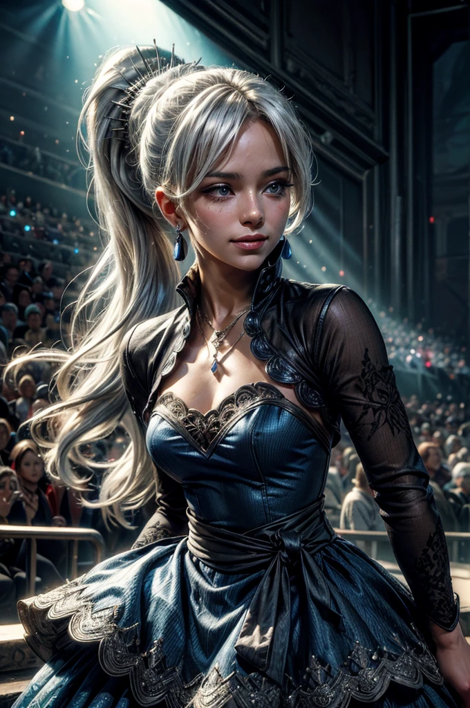 (masterpiece, best quality:1.2), cowboy shot, weissvale, smile, closed mouth,  looking at viewer, long white hair, side ponytail, scar above eye, scar below eye, blue ballroom dress,  jewelry, necklace, earrings, future_urban, standing in theater, on stage, orchestra, audience, crowd, (volumetric lighting), intricate details, tonemapping, sharp focus, hyper detailed 