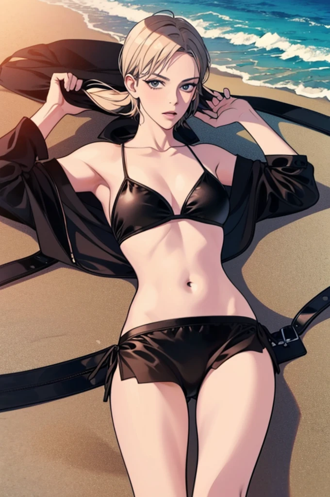 Jamie Lee Curtis in a 2 piece string black leather bikini on the beach