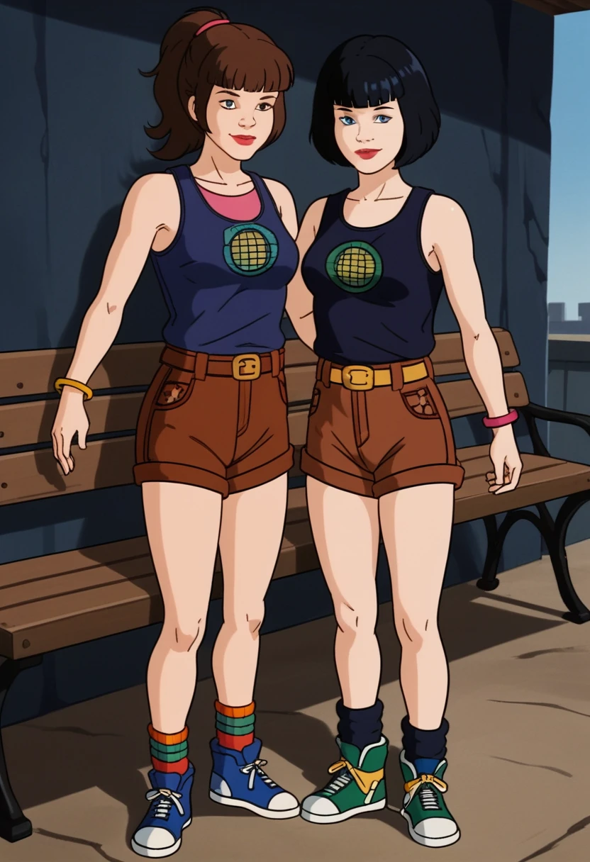 score_9, score_8, score_7, score_8_up, score_7_up, score_6_up, 2girls, (((xgix,black hair,bob cut,blunt bangs,brown eyes,lipstick,bracelet, tank top, belt,brown shorts, small breasts))), (((xlinkax, blonde hair, ponytail, blue eyes, medium breasts,brown shorts, belt, tank top, socks, sneakers))),   standing, by wooden bench, light smile, front view , sunshine, hugging, looking on viewer, upper body, portrait,