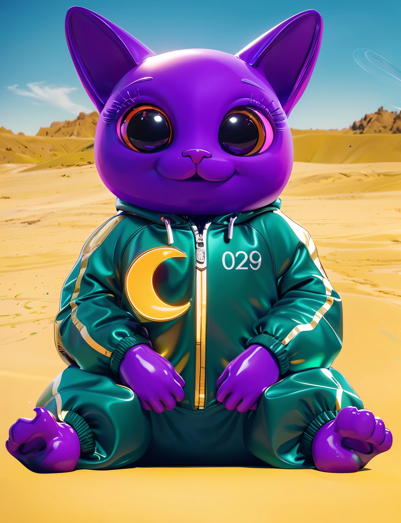 This image shows a purple cat wearing a green jacket with a yellow crescent moon on it.3d render, glossy texture, smooth 3d model, multiple light sources, rim light, sharp post effects render, (glossy plastic texture with multiple big light probe refractions), perfect cgi, smooth silhouette, high intensity refraction, (super glossy material), most beautiful vfx , blue background, plastic refractions, realistic, 4k, high resolution, rim light, photo shoot, commercial photo, profile shot, 4k, rim light, high resolution, 4k, glossy texture, smooth 3d model, multiple light sources, rim light, sharp post effects render, (glossy metallic texture with multiple big light probe refractions), perfect cgi, cgi art created only with gradients, smooth silhouette, high intensity refraction, (super glossy chrome material), most beautiful vfx, blue background, chrome metal refractions, multiple light sources, rim light, sharp post effects render, perfect cgi, digital art, detailed digital art, reflective, best quality, 4k, masterpiece:1.2, ultra-detailed, realistic, vivid colors, dark and moody lighting, The image of the highest quality, ensuring every detail is showcased perfectly. It in 4k resolution, allowing viewers to immerse themselves in the richness of the colors and intricate details. The realistic rendering. under the spotlight, reflecting, high-resolution image, realistic rendering, dark background, and rim light photorealistic The image features three characters standing in front of three houses. The characters are a red-haired mermaid, a purple cat, and an orange dog. They are each holding a yellow maraca