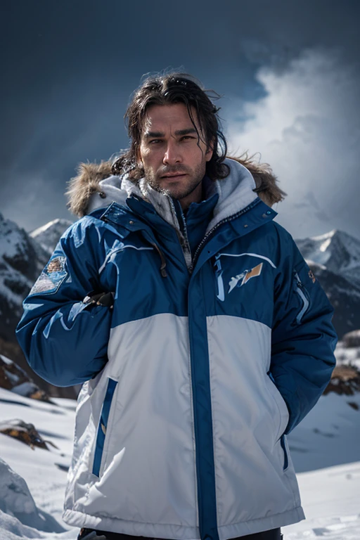 a mountaineer in a blizzard, wearing a blue-white jacket radiating mild warmth, snow-covered mountains, howling wind, harsh weather conditions, dramatic lighting, cinematic composition, realistic 3D rendering, highly detailed, photorealistic, masterpiece, best quality, 8k, ultra-detailed