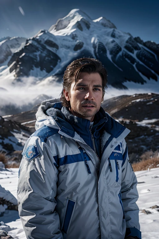 a mountaineer in a blizzard, wearing a blue-white jacket radiating mild warmth, snow-covered mountains, howling wind, harsh weather conditions, dramatic lighting, cinematic composition, realistic 3D rendering, highly detailed, photorealistic, masterpiece, best quality, 8k, ultra-detailed