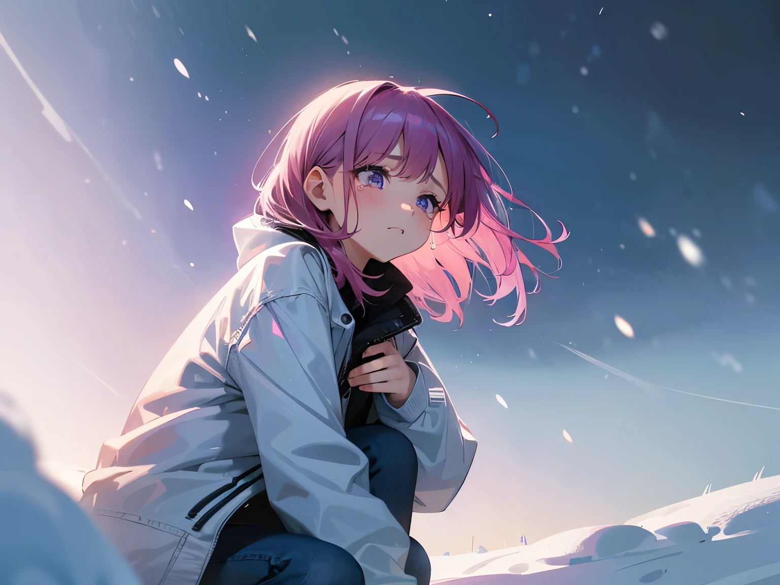 a girl , 15 years old , pink hair, hair behind ear, medium hair, purple eyes, crying, sad, tears are rolling on is cheeks, screaming in tears, kneeling an hand on her chest, in the snow, wearing a white shirt and blue jean ,a blue winter coat, it's snowing, high quality, high details
