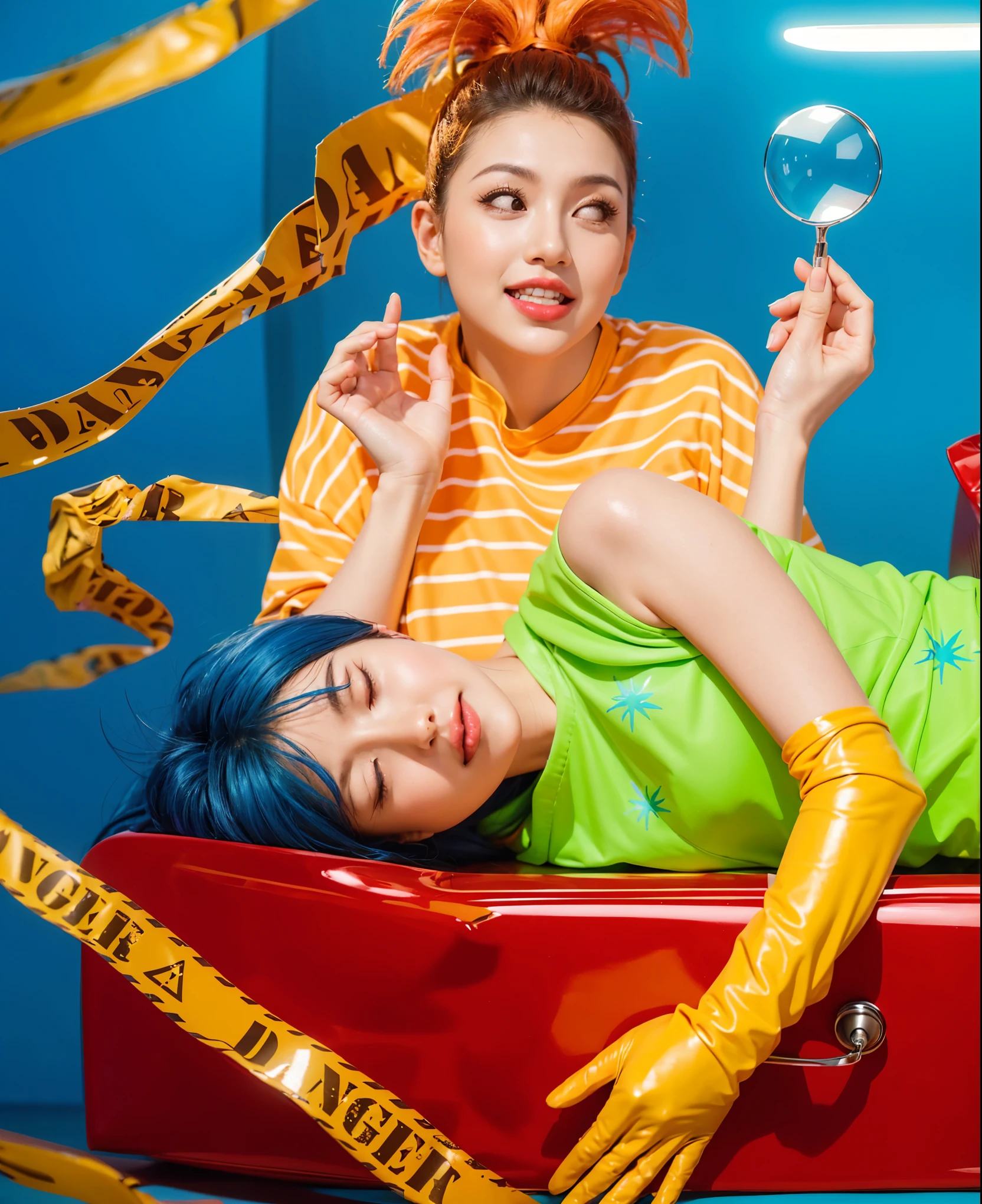 This image depicts a striking and colorful scene involving four characters. At the center, a woman with vibrant blue hair lies inside a red box with the words "R.I.P JOY" written on it. She is dressed in a vivid neon green dress paired with yellow gloves, her relaxed posture and closed eyes suggesting a peaceful or theatrical repose. Surrounding her are three other individuals in dynamic poses and bright outfits, adding layers of narrative or thematic contrast. The background features bold, saturated colors that enhance the visual impact of the scene, creating a surreal and stylized atmosphere. effectively conveying a sense of joy and creativity. аffects render, (glossy plastic texture with multiple big light probe refractions), perfect cgi, smooth silhouette, high intensity refraction, (super glossy plastic material), most beautiful vfx, , realistic, 4k, high resolution, rim light, smooth 3d model, multiple light sources, rim light, sharp post effects render,, realistic, 4k, high resolution, rim light detailed digital art, reflective, best quality, 4k, masterpiece:1.2, ultra-detailed, realistic, vivid colors, The image of the highest quality, ensuring every detail showcased perfectly. It in 4k resolution, allowing viewers to immerse themselves in the richness of the colors and intricate details. The realistic rendering. under the spotlight, reflecting, high-resolution image, realistic rendering