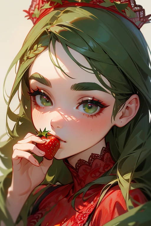 (Highest quality, masterpiece:1.2), High resolution, Very detailed, Realistic:1.37, Fantasy, An illustration, Green Eyes、Queen, ((Red lace swimsuit)).Platinum decoration、beautifully、Eyeshadow Red、Thick eyebrows、Long eyelashes、pupils are black、Her hair is dark green、Gold crown、Kissing Face、Embarrassing、Beloved by the crowd、Hair is green、Braiding、hair ornaments、Save a face image、((Eating strawberries))