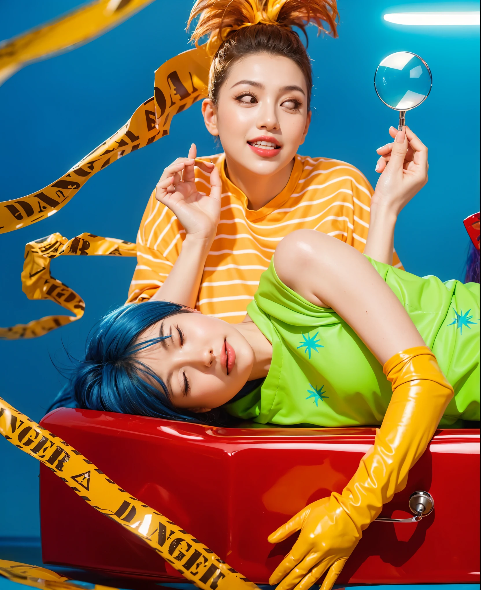 This image depicts a striking and colorful scene involving four characters. At the center, a woman with vibrant blue hair lies inside a red box with the words "R.I.P JOY" written on it. She is dressed in a vivid neon green dress paired with yellow gloves, her relaxed posture and closed eyes suggesting a peaceful or theatrical repose. Surrounding her are three other individuals in dynamic poses and bright outfits, adding layers of narrative or thematic contrast. The background features bold, saturated colors that enhance the visual impact of the scene, creating a surreal and stylized atmosphere. effectively conveying a sense of joy and creativity. аffects render, (glossy plastic texture with multiple big light probe refractions), perfect cgi, smooth silhouette, high intensity refraction, (super glossy plastic material), most beautiful vfx, , realistic, 4k, high resolution, rim light, smooth 3d model, multiple light sources, rim light, sharp post effects render,, realistic, 4k, high resolution, rim light detailed digital art, reflective, best quality, 4k, masterpiece:1.2, ultra-detailed, realistic, vivid colors, The image of the highest quality, ensuring every detail showcased perfectly. It in 4k resolution, allowing viewers to immerse themselves in the richness of the colors and intricate details. The realistic rendering. under the spotlight, reflecting, high-resolution image, realistic rendering