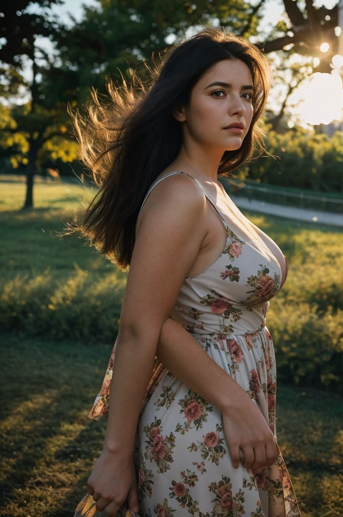 Full-length shot, Best quality, a 25y pretty chubby spain women, wearing floral tent dress, tight breast, hair blowing in the wind, summer, moody atmosphere, beautiful shadow and sunlight, running posing in the park, kodacrhome, cinematic lighting, masterpiece composition, perfect direct of photography, realistic face and eyes, realistic skin, ultra highly detailed, sharp focus, beautiful film bokeh, surreal view, candid photo, shot by zenit camera with 35mm lens, Portrait by annie leibovitz, in 2024