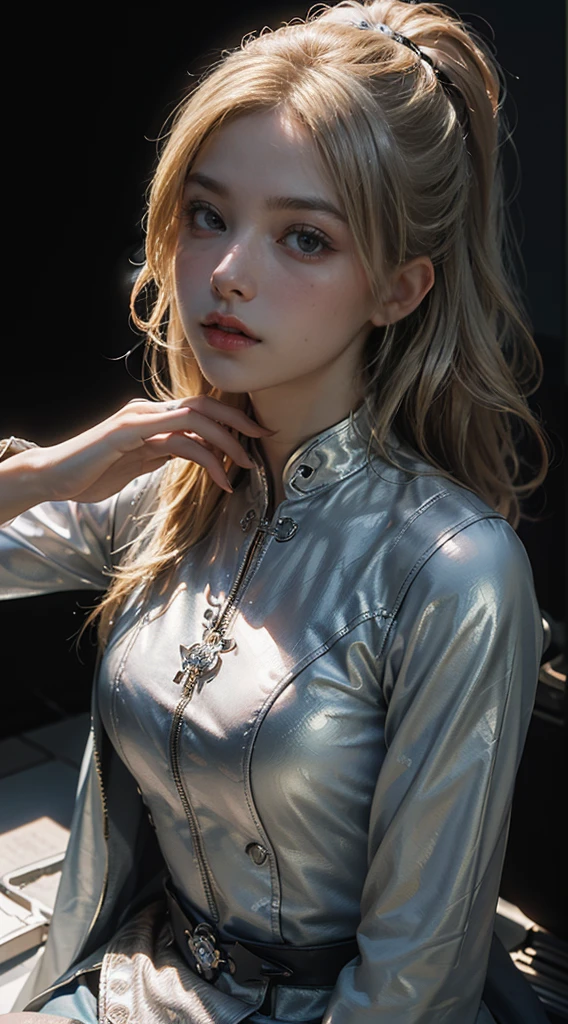 (Highly detailed CG Unity 8k wallpaper, masterpiece, Highest quality), (Exquisite light and shadow, Very dramatic photo, Cinema Lens Effects, look up), Girl with blonde hair and white latex outfit, Japanese Goddess, ((Stainless Steel Skin))、Kuyama Zhao&#39;Work style、Silver grey hair color, From a parallel universe,miracle, leap, Dynamic pose), (Great details, Excellent lighting, Wide-angle), (Excellent rendering, Stands out among similar products), Check out the gold and white latex costume, Have a sufficiently complex texture，Full body stainless steel reflective material