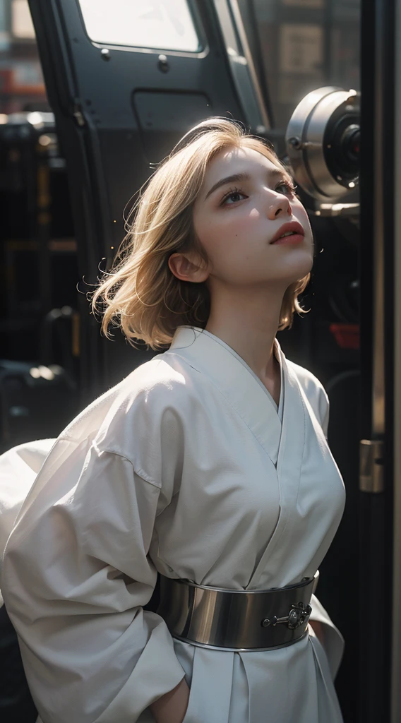 (Highly detailed CG Unity 8k wallpaper, masterpiece, Highest quality), (Exquisite light and shadow, Very dramatic photo, Cinema Lens Effects, look up), Girl with blonde hair and white latex outfit, Japanese Goddess, ((Stainless Steel Skin))、Kuyama Zhao'Work style、Silver grey hair color, From a parallel universe,miracle, leap, Dynamic pose), (Great details, Excellent lighting, Wide-angle), (Excellent rendering, Stands out among similar products), Check out the gold and white latex costume, Have a sufficiently complex texture,Full body stainless steel reflective material