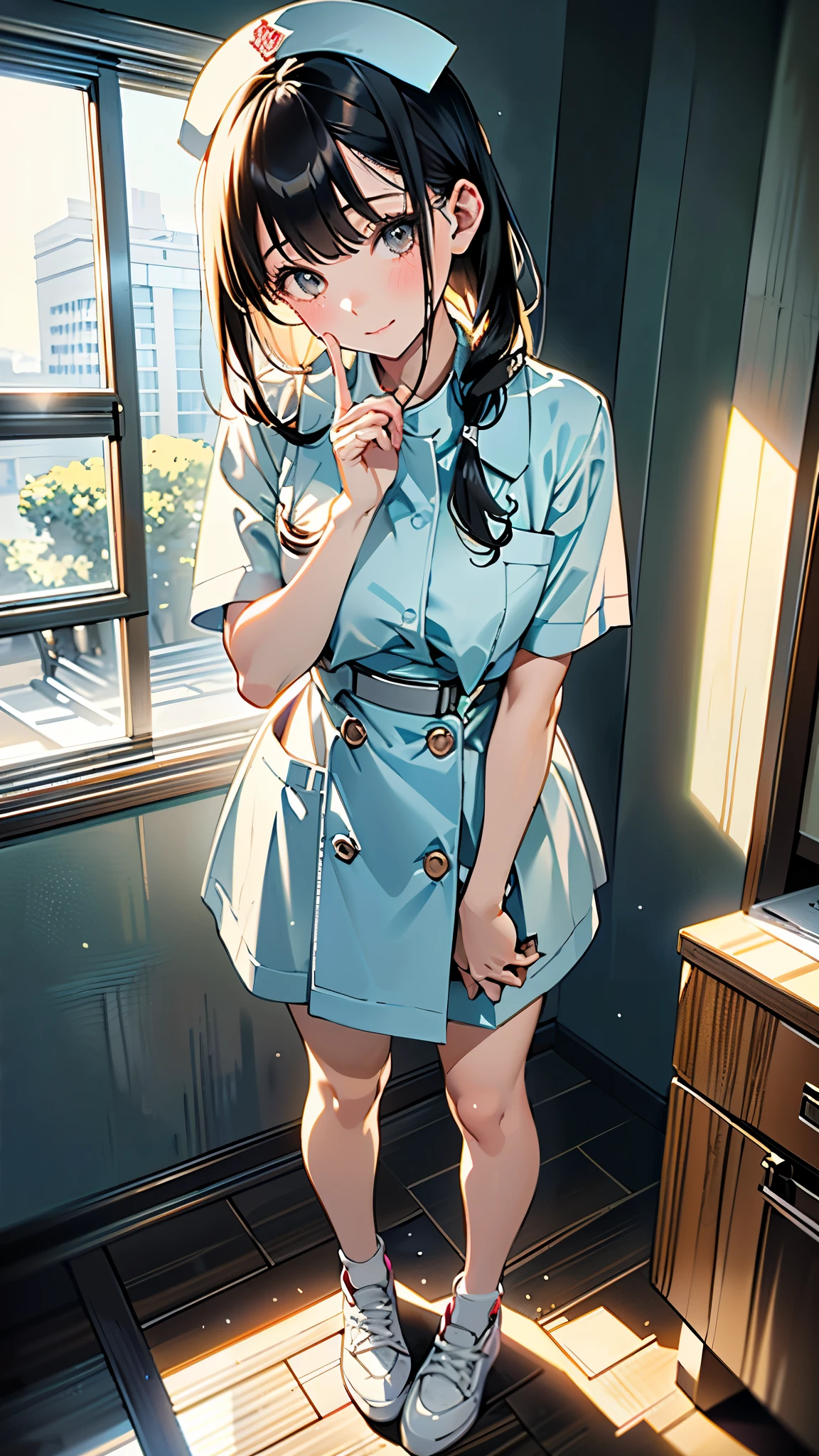 (8k, RAW Photos, 最high quality, masterpiece:1.2), high qualityのRAWカラー写真, Professional photo shoot, Cinematic Light, alone, (((young woman, Gal))), (Sharp features), (Small face), (Skin with attention to detail:1.2), clavicle, Cute Face, Beautiful appearance, Long eyelashes,Embarrassed, (Black Hair, Tied Hair), ((White Nurse,)), White sneakers,,Embarrassed, Artistic painting,Attractive thighs, (Very nice touch:1.2),A shy smile), Peaceful atmosphere, Oil painting style, Bright colors, (Are standing:1.5, Inside the hospital, Full body portrait), Smooth texture, Gazing Eyes, Beautiful Skin, Glowing Skin, ((Perfect Fingers, Five Fingers, Anatomically correct)), Background Blur, high quality, Surreal, ((Very detailed, photo shoot)),Many people々、blush、Plump、Tight fitting sexy nurse uniform、White Nurse服、nurse、mini skirt、Full Body Shot、hospital