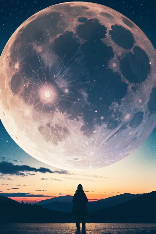 Highest quality,Big moon and shadow,A silhouette of a person can be seen against the backdrop of a large moon.,There is one full moon,There is a mood,Beautiful scenery,Starry Sky