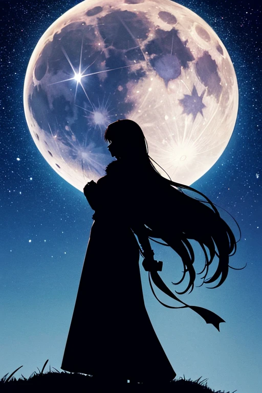 Highest quality,Big moon and shadow,A silhouette of a person can be seen against the backdrop of a large moon.,There is one full moon,There is a mood,Beautiful scenery,Starry Sky