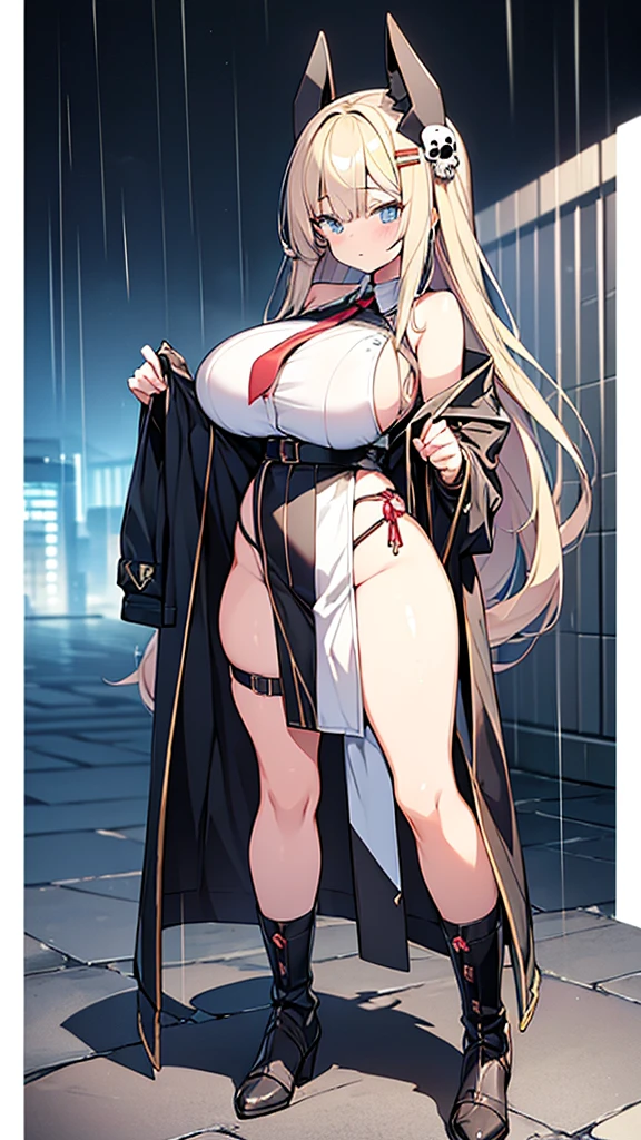 Full body image, フロント, One girl, 18-year-old, Mix 4, (32k, RAW Photos, Highest quality, masterpiece:1.2), (Anime-like, photoAnime-like:1.37), cute, ミニスカートのドレス, night, rain, Humidity, Professional Lighting, Photon Mapping, Radio City, Physically Based Rendering, Super Resolution, (Big Breasts:1.2), {{The biological weapon that had preyed on the younger sister took her place and reunited with the older brother.}}, Girl Skull, whole body, NSFW