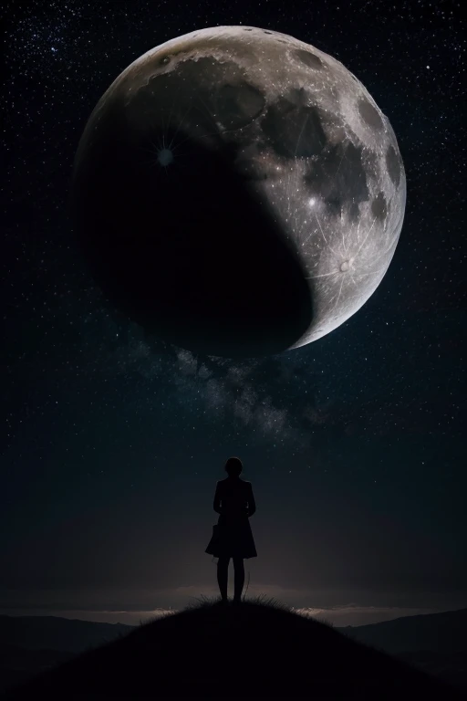 Highest quality,Big moon and shadow,A silhouette of a person can be seen against the backdrop of a large moon.,There is one full moon,There is a mood,Beautiful scenery,Starry Sky