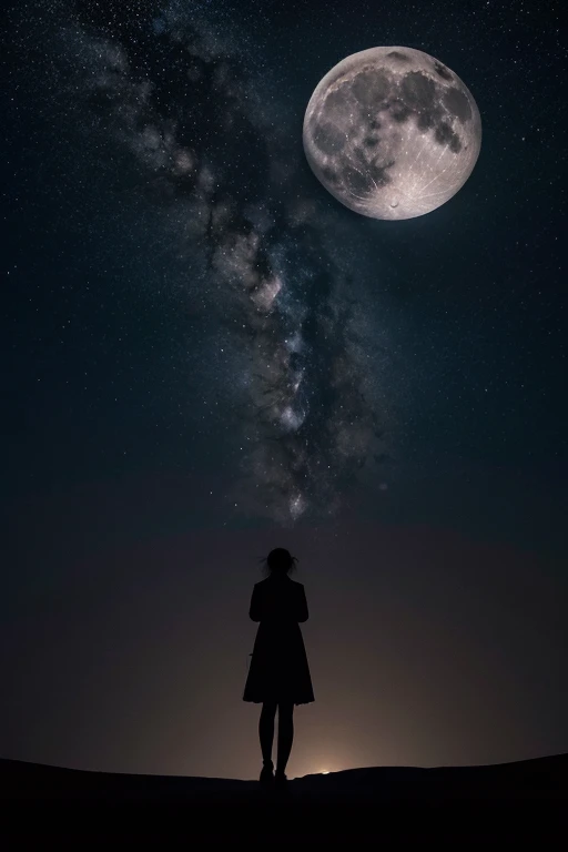 Highest quality,Big moon and shadow,A silhouette of a person can be seen against the backdrop of a large moon.,There is one full moon,There is a mood,Beautiful scenery,Starry Sky