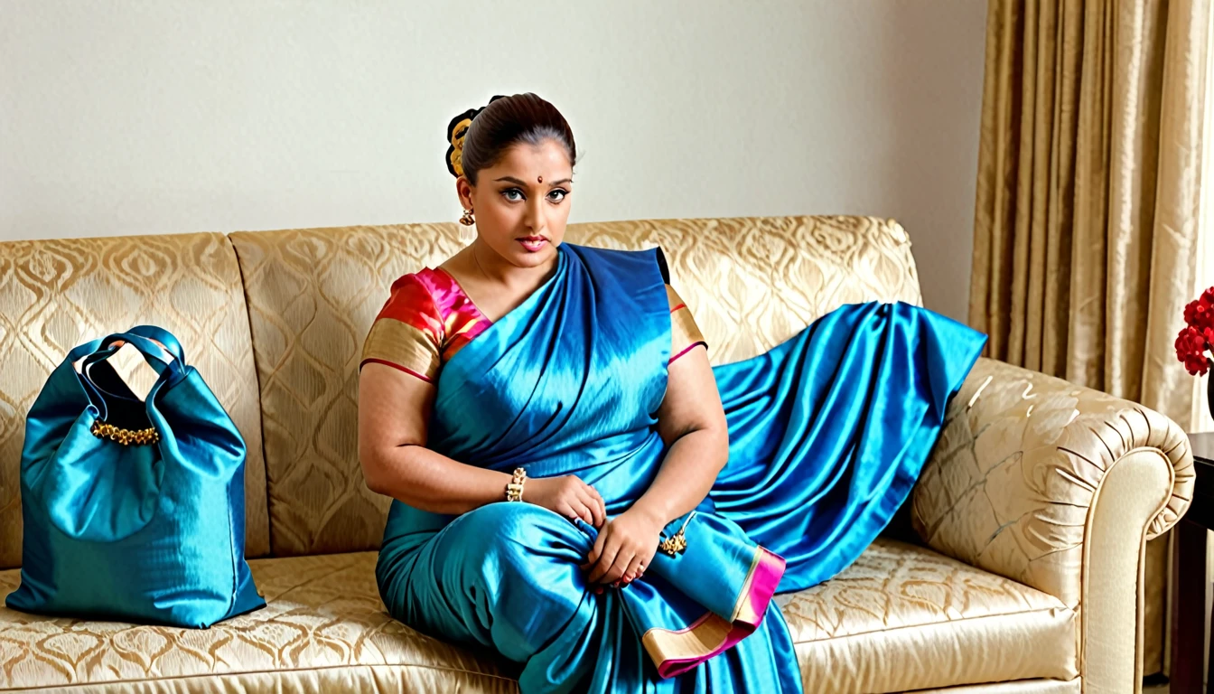 Beautiful Indian woman,seat,all hair tied up with a hair clip in a single bun, Indian silk saree, wide, blue bag, curvy woman; chubby woman, full body view,sitting on sofa and closing her ears