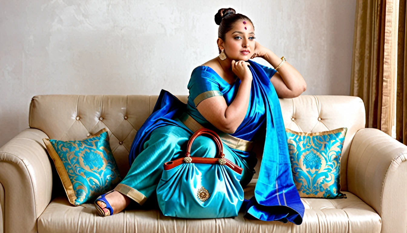Beautiful Indian woman,seat,all hair tied up with a hair clip in a single bun, Indian silk saree, wide, blue bag, curvy woman; chubby woman, full body view,sitting on sofa and closing her ears