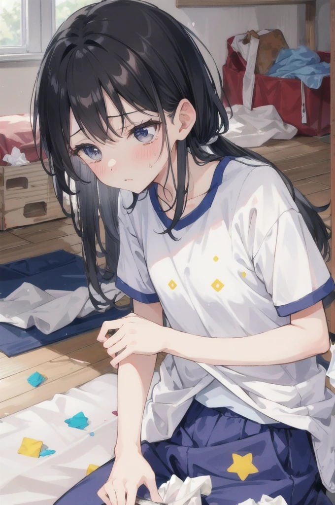 The whole body is covered in oilで光沢感がある　Tear up rolled tissue paper,　 Crumpled tissue paper, A small piece of tissue paper that fell to the ground,　Excessive sweating on the face,Sweat dripping down,Sit on the bed,　Dirty duvet　Very old gym mat ,Gymnasium Warehouse,　There are a lot of used tissues on the floor ,　Crumpled trash is scattered all over the place.,　Jim Matt, 　 Messy room,　I am going to cry　Embarrassing　Dimly lit room　Hardwood Floors　Scattered small rolls of tissue paper　The upper body is school&#39;Designated white gym uniform., Blue Sleeves　The bottom half is blue bloomers　Close-fitting shorts　high school student　Illustration Style　Anime Style　Small lips　beautiful girl　Very cute clothes　Cheeks pink　Light purple hair　Blonde long hair　super curly hair　Super long sideburns　Rubber clothing　hair band　Pearl white silk tights that become transparent when wet　White super long boots　Big eyes　Droopy eyes　Shocking Pink Rouge　Sweating profusely　　Crushed tissue paper　The whole body is wet from rain　Steam coming out of the whole body　Steam rises across the screen.　white breath　Haa　The whole body is covered in oil　evening　Overall orange background　Sunset sunshine全身図　The whole body fits on the screen　The whole body is covered in oilで光沢感がある　小さくTear up rolled tissue paper,　 Crumpled tissue paper, A piece of torn tissue paper that fell to the ground,　Excessive sweating on the face,Sweat dripping down,汚れたSit on the bed,　Dirty futon with gold stains　Dirty old gym mat ,Gymnasium Warehouse,　There are lots of tiny pieces of tissue paper on the floor. ,　Crumpled trash is scattered all over the place.,　とても汚れたJim Matt, 　 Messy room,　Scared　I am going to cry　Embarrassing　Dimly lit room　Hardwood Floors　Scattered small rolls of tissue paper　Wearing a little white sailor suit　high school student　Illustration Style　Anime Style　Small lips　Frightened face　Baby Face　beautiful girl　Very cute clothes　Cheeks pink　Light purple hair　Blonde long hair　super curly hair　Super long sideburns　Rubber clothing　hair band　Pearl white silk tights that become transparent when wet　White super long boots　Big eyes　Droopy eyes　Stern expression　Shocking Pink Rouge　Sweating profusely　　Crushed tissue paper　The whole body is wet from rain　Mucus clings to the whole body　Steam coming out of the whole body　Steam rises across the screen.　white breath　Haa　The whole body is covered in oil　evening　Overall orange background　Sunset sunshine