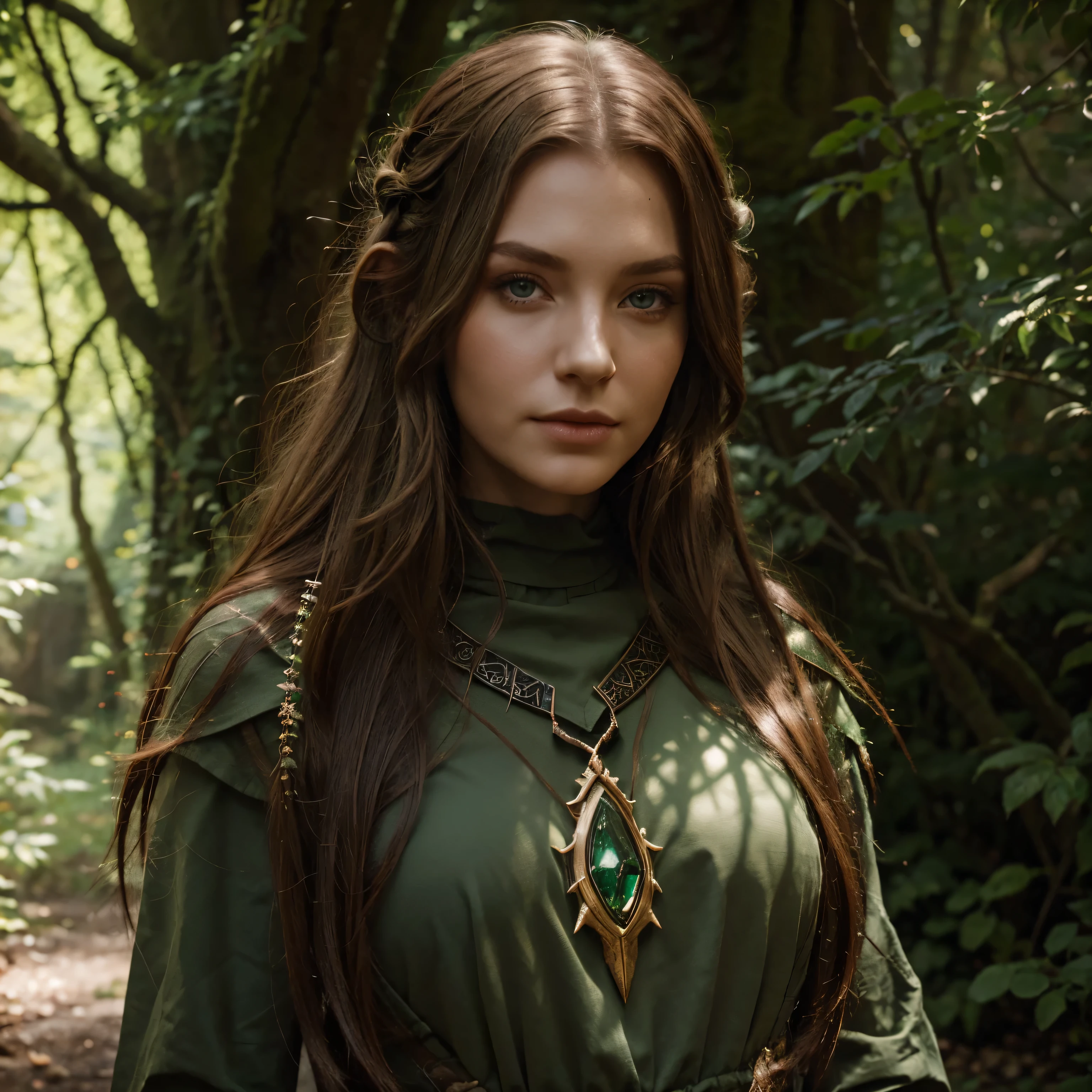 drawing, DnD Character, Elf, Red hair, green eyes, Long hair, pale skin, woods, druid