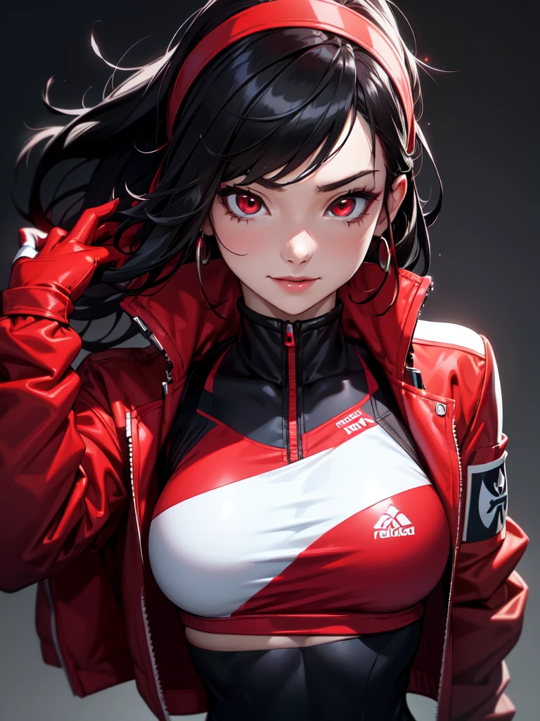 (((Portrait Photo))), She has a Childish, Youthful 18-Year-Old Appearance, with a Slim, Athletic Build, and a Vibrant Demeanor. She has Long, Flowing Black Hair, Styled Naturally with a Slight Wave. Her Striking Red Eyes Sparkle with Energy, Giving Off a Lively and Cheerful Expression. She Wears a Red and White Athletic Jacket with Matching Gloves, Adding a Sporty Vibe to Her Look. (((High Quality, Dark Background))), (((Portrait Photo)))