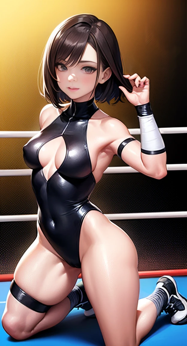 full body photographed、(highly detailed:1.2) ,ultra-detailed,top-quality,hight resolution,Female professional wrestler wrestling shoes Knee pad elbow pad Professional Wrestling Ring three ring rope 1mature woman solo light brown hair Drooping eyes small tits highleg simpleleotard skinny mature face bob hair standing kneeling , hurt face
