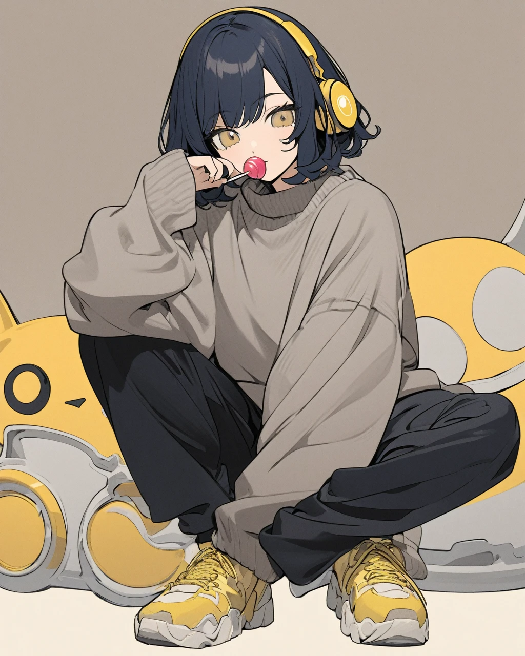 A digital illustration of a young woman with short, wavy, dark blue hair wearing large, yellow headphones. She is sitting in a crouched position, dressed in an oversized gray sweater, black pants, and chunky sneakers. She has a thoughtful expression and is holding a lollipop in her mouth. The background is a solid, muted beige color.