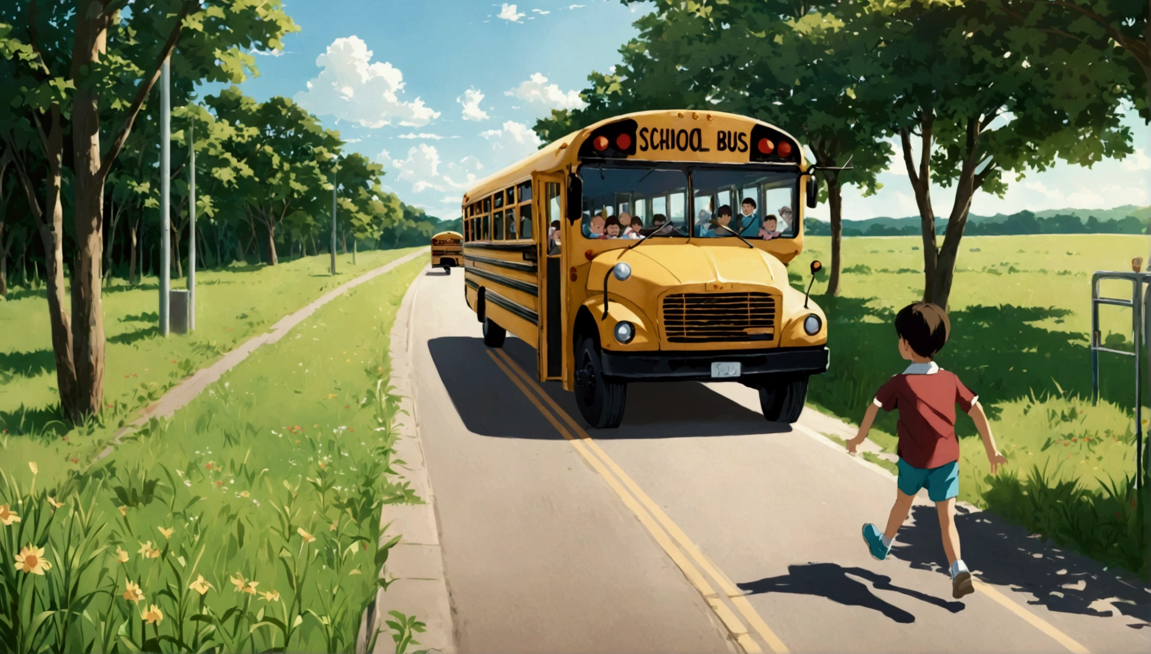 A  riding a school bus on a trip. Scene of children playing running activity