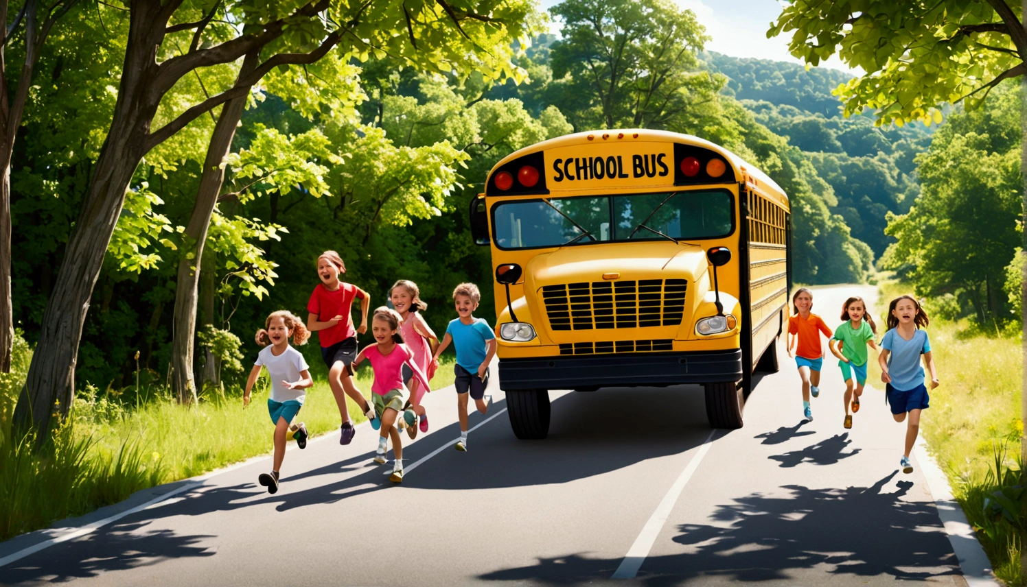 A  riding a school bus on a trip. Scene of children playing running activity