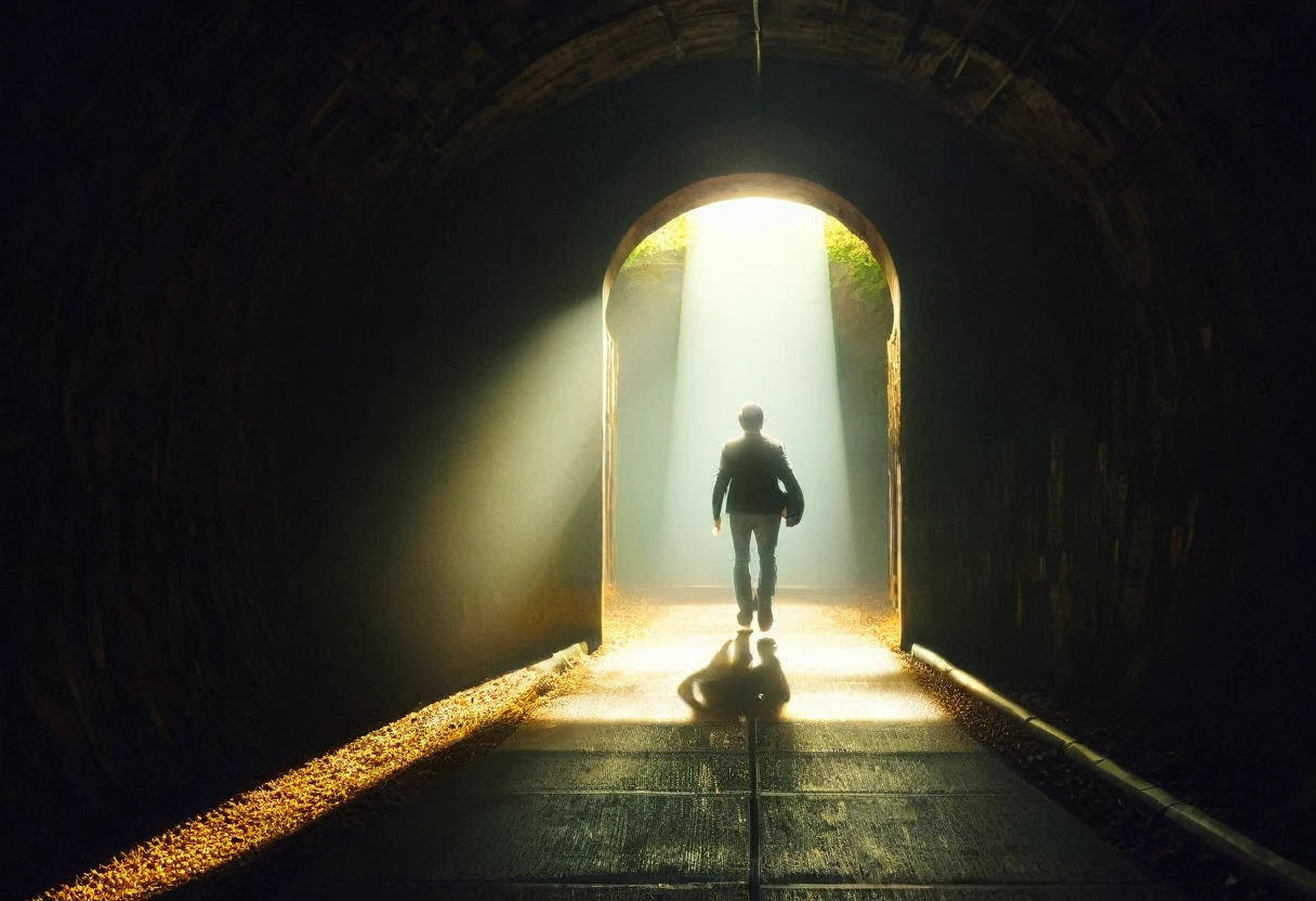 A man walking towards a light at the end of a tunnel, intricate details, dramatic lighting, cinematic composition, wide angle shot, moody atmosphere, deep shadows, glowing light, photorealistic, Unreal Engine, muted color palette, chiaroscuro lighting