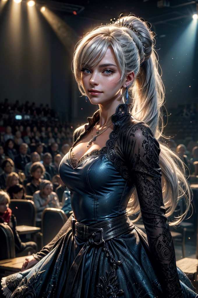 (masterpiece, best quality:1.2), cowboy shot, weissvale, smile, closed mouth, looking at viewer, long white hair, side ponytail, scar above eye, scar below eye, blue ballroom dress, jewelry, necklace, earrings, future_urban, standing in theater, on stage, orchestra, audience, crowd, (volumetric lighting), intricate details, tonemapping, sharp focus, hyper detailed