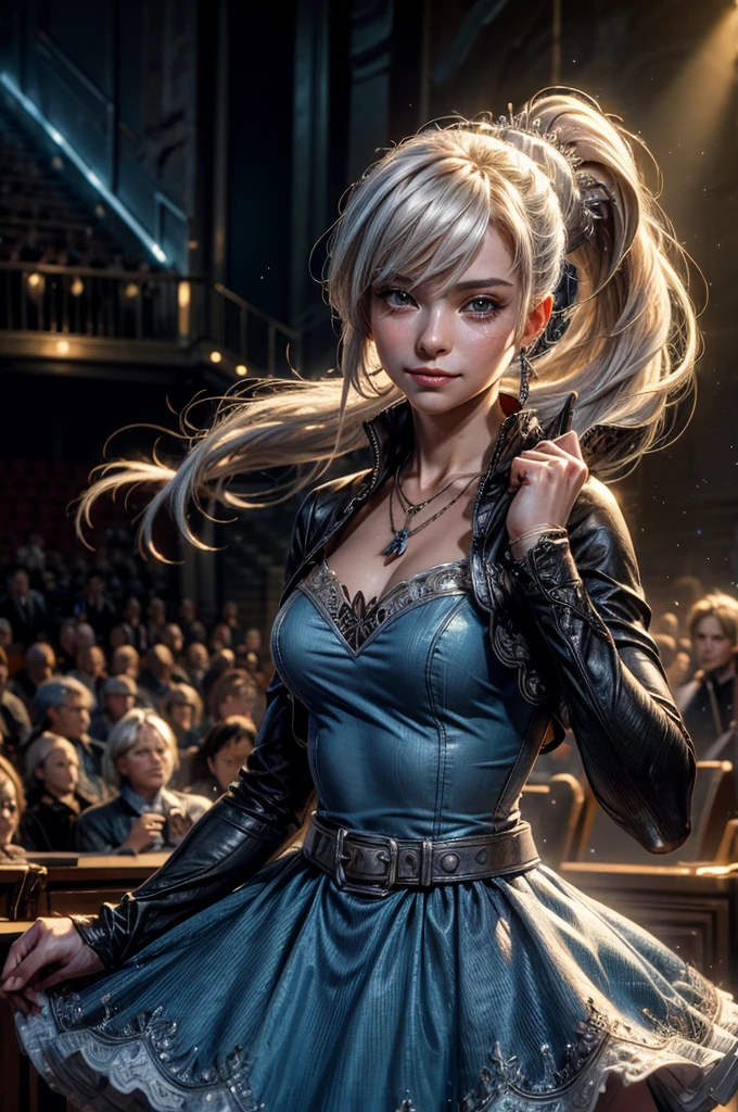 (masterpiece, best quality:1.2), cowboy shot, weissvale, smile, closed mouth,  looking at viewer, long white hair, side ponytail, scar above eye, scar below eye, blue ballroom dress,  jewelry, necklace, earrings, future_urban, standing in theater, on stage, orchestra, audience, crowd, (volumetric lighting), intricate details, tonemapping, sharp focus, hyper detailed 