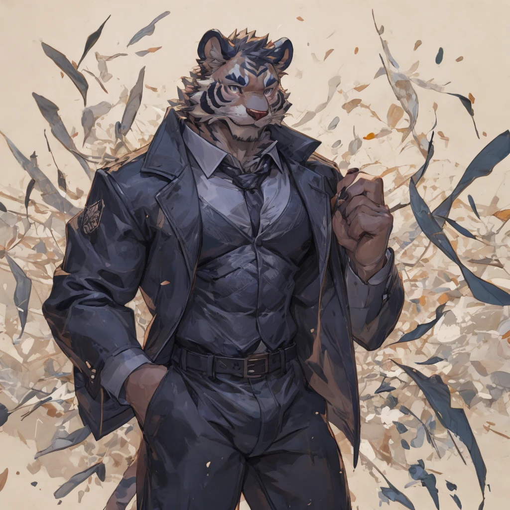 {{bara extremely handsome white tiger student,}} {{white fur,}} white, wearing blazer, trousers, white dress shirt and necktie, white fluffy furry body and limbs, loafers, very tall, very broad shoulders, narrow waist, muscular arms, massive pecs, purple eyes, very long legs, massive bulge, sophisticated hot look, 3/4 view, best quality, leaning on wall, high detail, CG image, character splash art, silver earring on left ear, sultry smirk