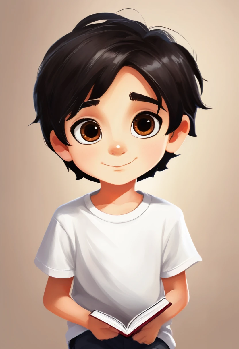 Make a picture of a seven year old boy with dark black hair and brown eyes, studying dressed in white t-shirt